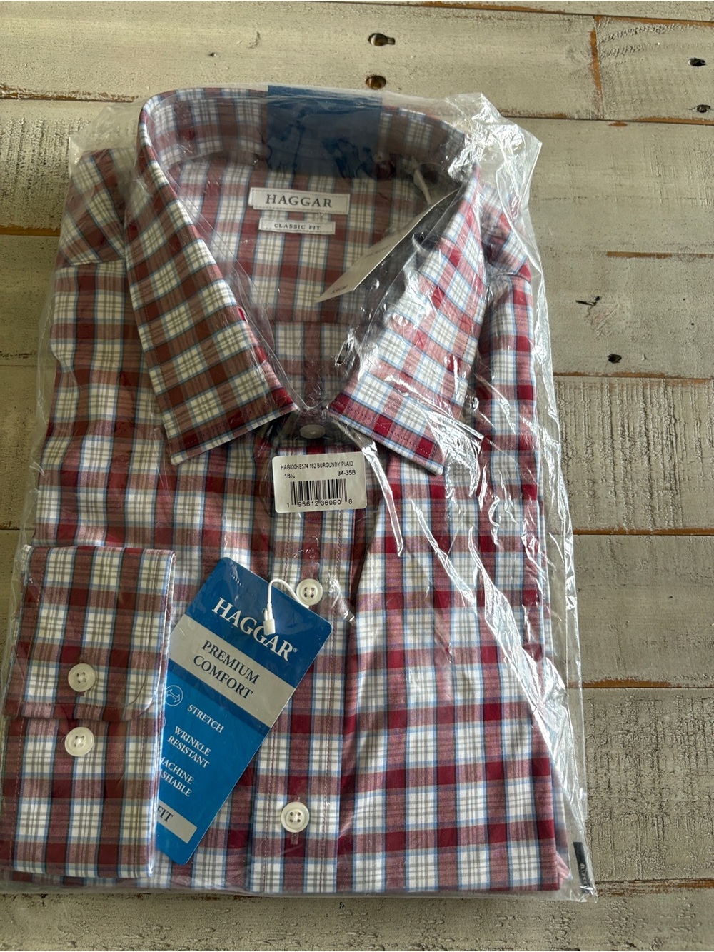 Haggar Premium Comfort Dress Shirt Men 18.5 34/35 Classic Fit Burgundy Plaid NWT